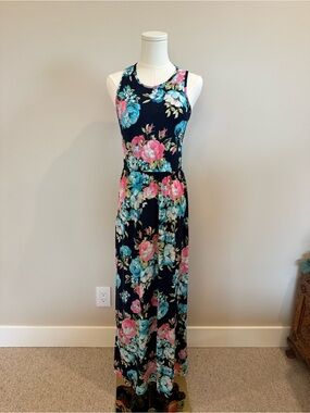 Navy Maxi Dress with Pink & Teal Floral Print